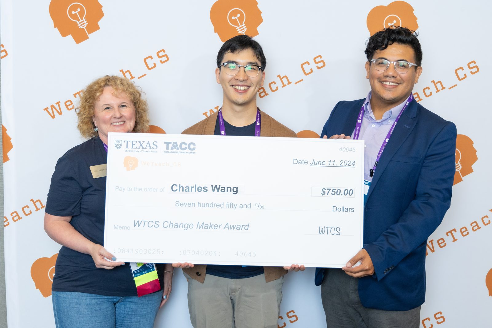 Charles receiving the WeTeach_CS Change Maker Award